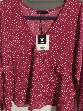 Very J Magenta Polka Dot Ruffle V-Neck Blouse
